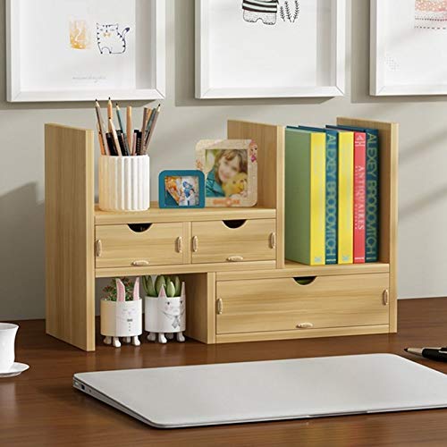 NXYJD Desk Top Bookcase, Adjustable, with 3 Drawers,Extendable Storage Desk Organizer for Home and Office