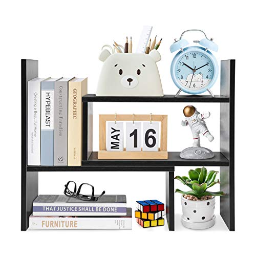 Pissente Desktop Organizer, Freestanding Desktop Display Shelf Adjustable Mini DIY Bookshelf Home Office Storage Desk Shelves (Dark Walnut)