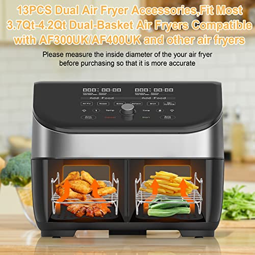 Dual Air Fryer Accessories13PCS, Double Basket, 304 Stainless Steel Grilling Rack Compatible for Ninja Foodi AF300UK, AF400UK, Instant Vortex, To