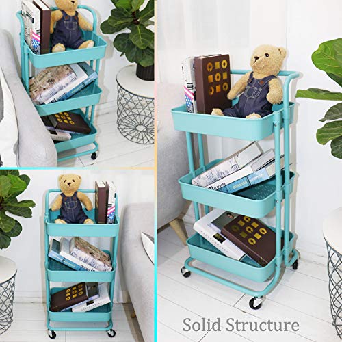 Piowio 3 Tier Utility Rolling Cart Multifunction Organizer Shelf Storage Cart with 3 Piece Cups and 8 Piece Hooks for Home Kitchen Bathroom Laund