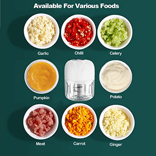 FIOUSY Mini Food Chopper, 100ML+250ML, Wireless Portable Electric Garlic Chopper, USB Charging, Easy to Clean, Food Processor for Baby Food/Peppe