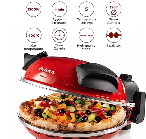 Ariete 909 Fast and Compact Pizza Making Machine for Both Fresh and Frozen Pizzas, Forno Pizza da Gennaro equipped with a Timer and 5 Temp Levels