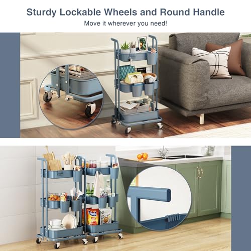 Merapi 3 Tier Foldable Rolling Cart, Metal Utility Cart with Wheels, 3 Hanging Cups and 6 Hooks, Folding Trolley for Living Room, Kitchen, Bathro
