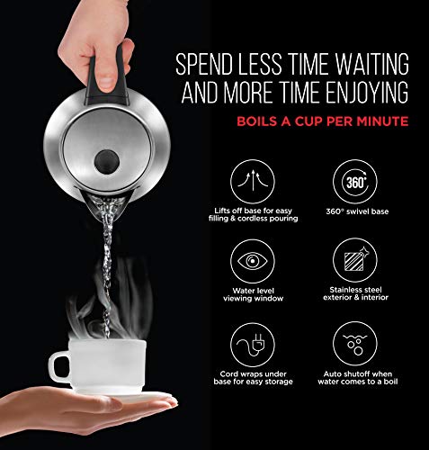 Chefman Stainless Steel Electric Kettle w/ 360° Swivel Base, Auto Shut-off & Boil-dry Protection, BPA-free Interior and Cool-touch Handle, 7+ Cup