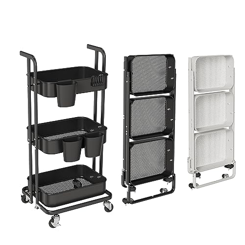 Merapi 3 Tier Foldable Rolling Cart, Metal Utility Cart with Wheels, 3 Hanging Cups and 6 Hooks, Folding Trolley for Living Room, Kitchen, Bathro