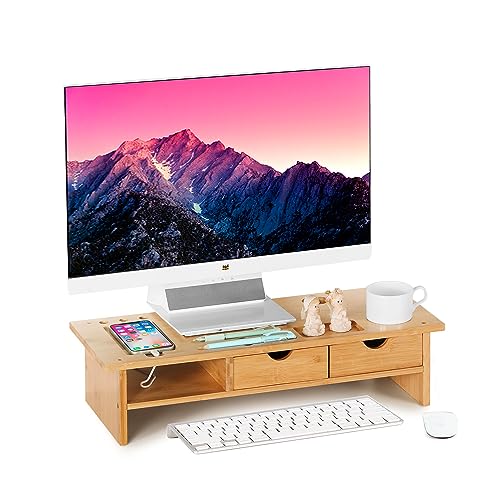 Monitor Stand Riser Desk Organizer-Bamboo 2 Tier Laptop Stand with Drawers, Adjustable Desktop Storage Organizer for Computer, Printer, Cellphone