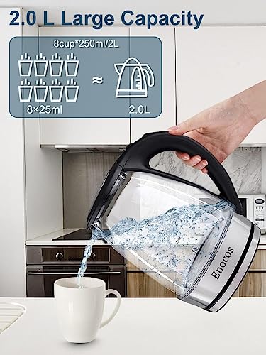 Enocos Fast Boil Electric Kettle, 2.0 L, 2300 Watts, Glass Kettle Easy to Clean, Auto Shut-Off and Boil-Dry Protection, BPA Free