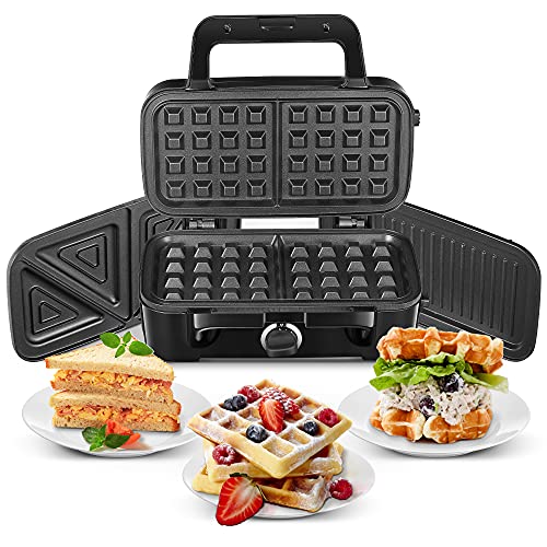 FOHERE Sandwich Toaster 3 in 1 Waffle Maker and Toasted Sandwich Maker with 5-Gears Temperature Setting and Non-Stick Teflon Coated Plates, Indep