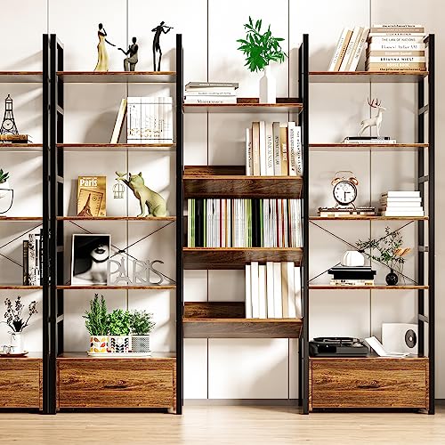 HSSZXFR Triple Wide Bookshelf 5-Tier with 2 Drawers, Industrial Bookshelves Sturdy Wood and Metal, Bookcase Spacious for Display and Storage, Lar