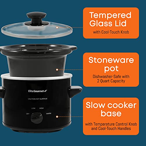 Elite Gourmet MST239X Electric Round Slow Cooker, Adjustable Temp, Entrees, Sauces, Stews & Dips, Dishwasher Safe Glass Lid & Crock, 2 Quart, Bla