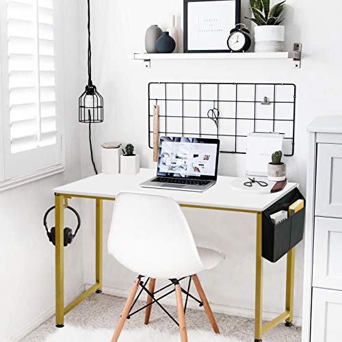 Lufeiya Small Computer Desk White Writing Table for Home Office Small Spaces 31 Inch Modern Student Study Laptop PC Desks with Gold Legs Storage