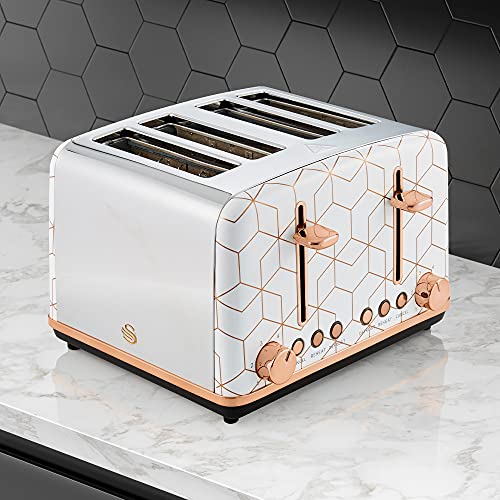 Swan Tribeca, 4 Slice Toaster, Multiple Functions & Browning Control, Glamour 20s Art Dec Design, White & Rose Gold, ST42020WHTN.