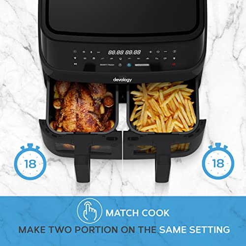 Devology Double Air Fryer - 9L - 2 x 4.5L Independent Cooking Zones With Light Up Glass Front - Free 50 Recipe Cookbook- 10 Cooking Programs - Di
