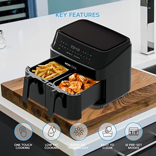 MONCOOK Double Air Fryer - 2 In 1 Airfryer 9L With 2 x 4.5L Baskets - 50 Recipe Cookbook - Smart Finish Function - Digital LED Display Airfryer -