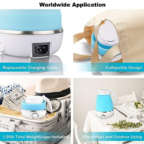 Tam88 Portable Travel Collapsible Kettle Lightweight for Campervan, 0.6L Folding Electric Camping Bedroom, Blue with Cups