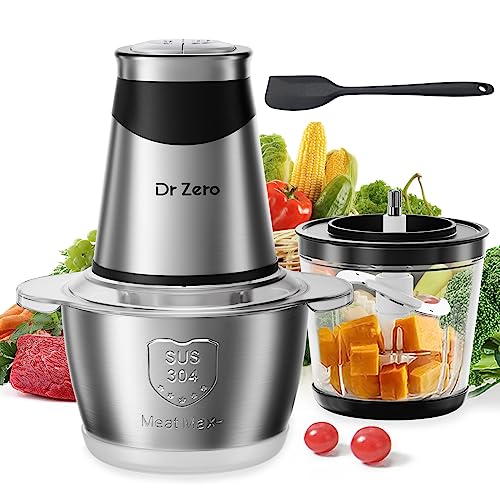 DR.ZERO Food Processors with 2 Bowls, Mini Chopper Electric Food Chopper 4 Bi-Level Blades, 2 Speed, 1.2l and 0.6l, Meat Mincer 500W for Baby Foo
