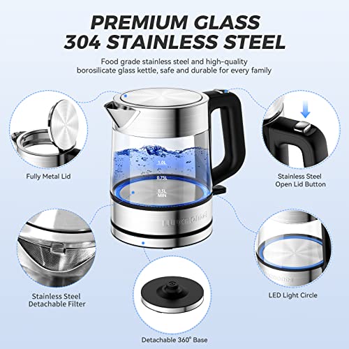LUUKMONDE 2400W (UK) / 1500W (US) Electric Kettle, 1 L Glass Tea Kettle Light Weight, Cordless Water Boiler with LED Indicator, Auto-Shutoff & Bo