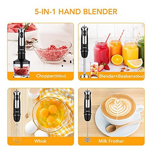 Hand Blender 5-in-1 Immersion Stick Blender Acekool 12-Speed Stainless Steel Stick Electric Blender Set with Food Chopper Container Milk Frother