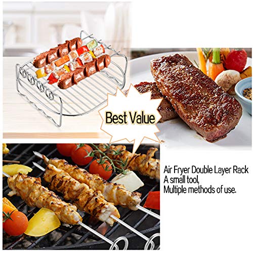 HSIULMY Air Fryer Double Layer Rack, Multi-purpose Air Fryer Accessories with 4 Skewers, 6.8 Inch Stainless Steel Airfryer Grill Pan Compatible w