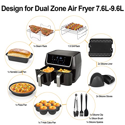 Dual Air Fryer Accessories13PCS, Double Basket, 304 Stainless Steel Grilling Rack Compatible for Ninja Foodi AF300UK, AF400UK, Instant Vortex, To