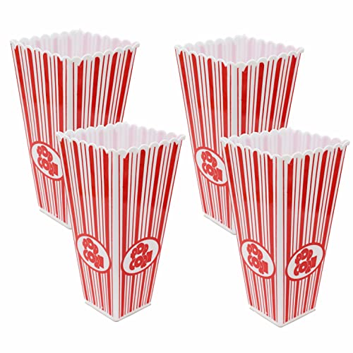 SUL Plastic Red & White Striped Classic Popcorn Holder for Movie Night Candy Container, Sweets Food Snacks Holders, Birthday Sleepover Party Trea