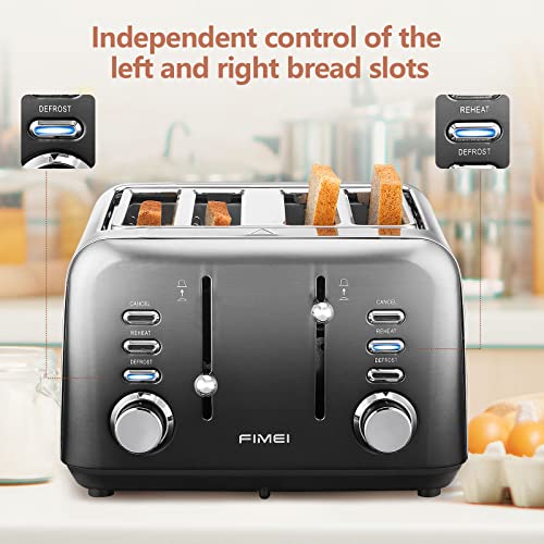 FIMEI Toaster 4 Slice, Extra Wide Slot Stainless Steel Toaster, Automatic Toaster, 7 Browning Setting with Defrost/Reheat/Cancel Function, Remova