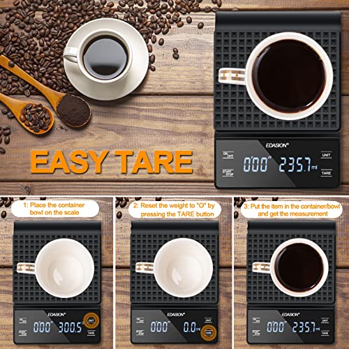 Digital Coffee Scale with Timer 0.1g/3KG High Precision Kitchen Scale Waterproof Electronic Food Weighing Espresso Scale, Large LED Display, Touc