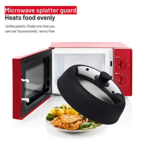 Bezrat Vented Glass Microwave Plate Cover | Large 12-inch Splatter Guard Lid | Firm Grip Silicone handle | 100% Food Grade | Dishwasher Safe (Bla