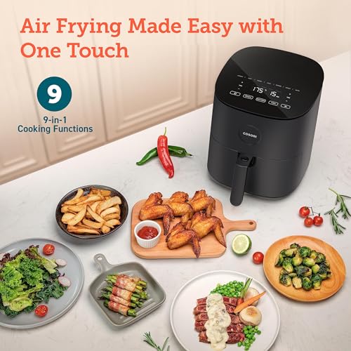 COSORI Air Fryer 4.7L, 9-in-1 Compact Air Fryers Oven, 30 Recipes Cookbook, Max 230℃ Setting, Digital Tempered Glass Display, Quiet, 4 Portions,