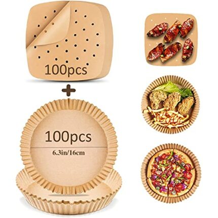 ZJZ Air Fryer Liners 200Pcs, Air Fryer Disposable Paper Liner, Water-Proof and Oil-Proof Baking Parchment Round Bowl and Square(6.3"&7.1")