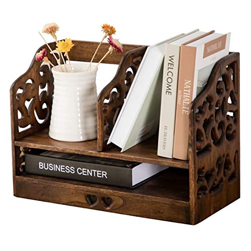 UpSoitech Storage Box Desktop Organizer Retro Carved Hollow Desktop Bookshelf Storage Shelve for Books CD Rack Book Rack Bookcase for Home Furnit