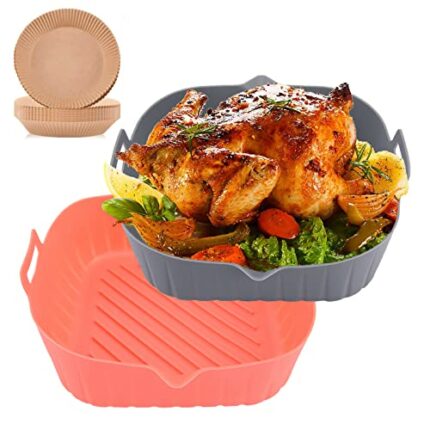 Air Fryer Silicone Pot, 2 Pcs 8.5" Reusable Silicone Liners Square, 50pcs 7.8"Air Fryer Paper Liners Oilproof for 4 to 7 Qt Air Fryer Baskets Air