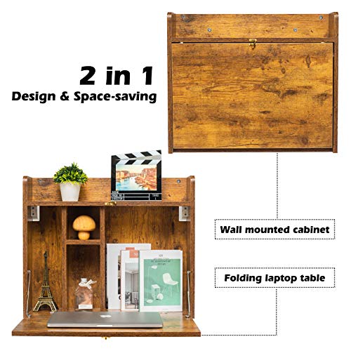 KZHOME Wall Mounted Table Multifunctional Folding Wall-Mounted Laptop Desk Writing Table with Storage Shelves for Home Office, Rustic Brown