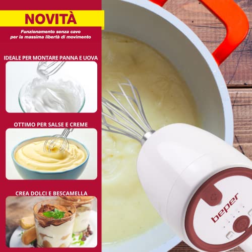 BEPER P102SBA007 USB Rechargeable Hand Mixer, Electric Hand Mixer, 20W, 2 Stainless Steel Whips, 5 Speed, Single Key Operation, USB cable include