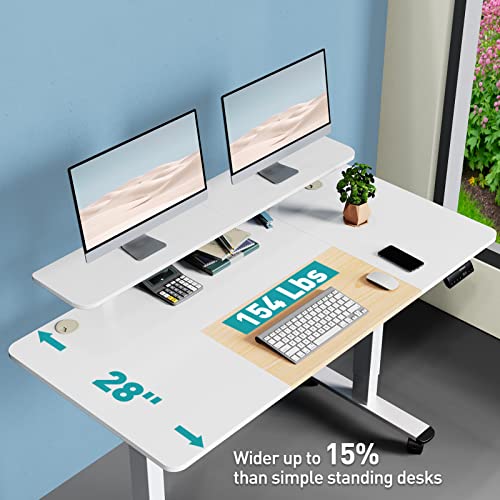 WOKA 55 x 28 Inch Electric Standing Desk with Wheels, Height Adjustable Stand up Desk with a Monitor Stand Riser, Standing Computer Desk with Mem