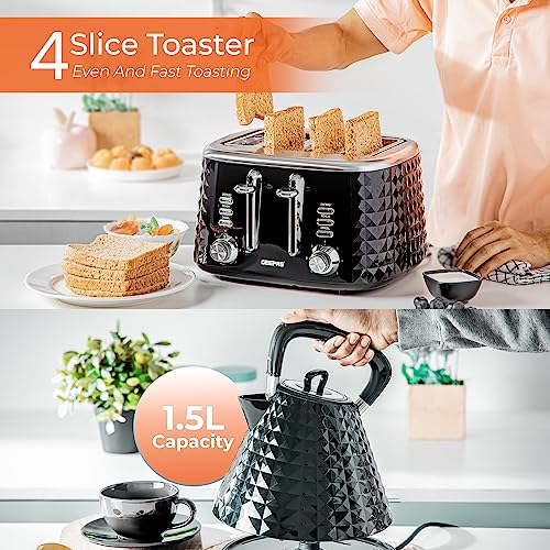 Geepas 4 Slice Bread Toaster & 1.5L Cordless Electric Kettle Combo Set with Textured Design – 1750W Toastie Machine with 7 Browning Control - 300