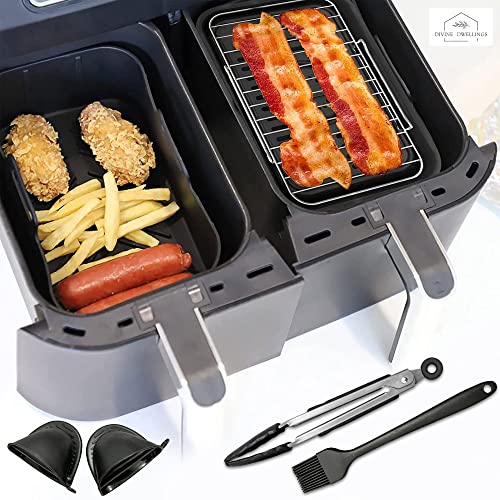 Divine Dwellings 8 PCS Dual Air Fryer Accessory Set with Reusable Silicone Liner, Stainless Steel Racks Compatible with Ninja AF300UK, Tower T170