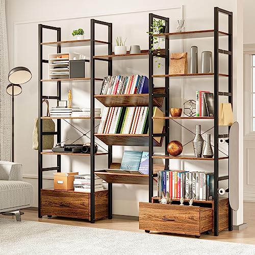 HSSZXFR Triple Wide Bookshelf 5-Tier with 2 Drawers, Industrial Bookshelves Sturdy Wood and Metal, Bookcase Spacious for Display and Storage, Lar