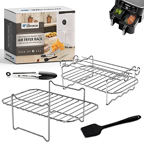 One Emporium Air Fryer Rack 2 Pcs, Ninja Air Fryer Accessories for Dual Air Fryers, Multi-Purpose 304 Stainless Steel Double Layer with Oil Brush