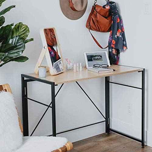 SOFSYS Modern Folding Computer Writing Desk for Small Space, Gaming, and Home Office Organization, Foldable Industrial Metal Frame with Sturdy De
