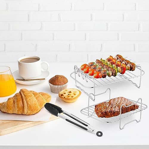 BEZORR 2PCS Air Fryer Rack,Reusable Double Air Fryer Rack,304 Stainless Steel Grilling Rack Toast Rack Cooking Rack with 4Skewers,1Oil Brush and