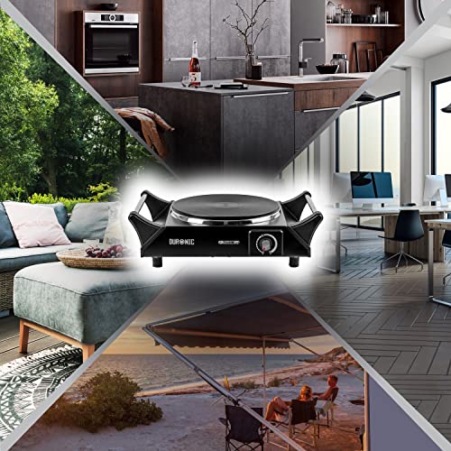 Duronic Hot Plate HP1 BK Black Steel Electric Single Hob with Handles, Table-Top Cooking 1500W 1 Cast Iron Portable Hob Ring, Cooking Boiling Fry