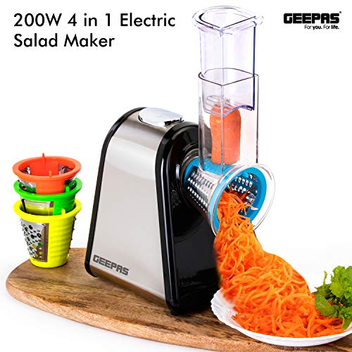Geepas 200W 4 in 1 Electric Salad Maker | Electric, Multi Grater, Fruit Cutter, Vegetable Slicer, Shredder | Food Processor, Cylinder Design with