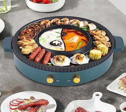 Hot Pot Grill 2-IN-1 Electric Grill with Hot Pot 42cm Korean BBQ Grill Indoor, Hot Pot with Divider, Nonstick and Smokeless,Dual Temperature Cont