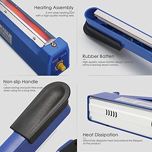 Heat Sealer, Impulse Plastic Bag Sealer, Manual Seal Food Packing Machine, Heat Sealing Applicable with Replacement Kit, Metal/ABS 350W (Blue, 8"