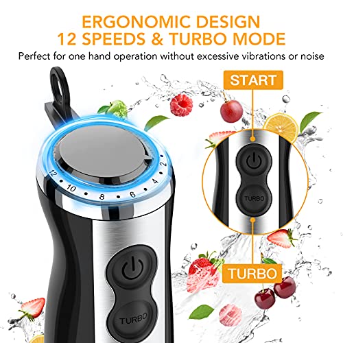 Hand Blender 5-in-1 Immersion Stick Blender Acekool 12-Speed Stainless Steel Stick Electric Blender Set with Food Chopper Container Milk Frother