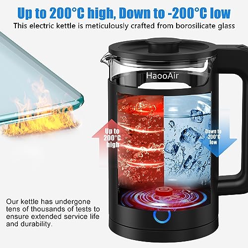 Haooair Kettle, 1.5 Liter Electric Kettle with Blue LED, Easy to Clean Glass Kettle, Fast Boil Quiet, BPA-Free, Boil-Dry Protection (Gifts: Black