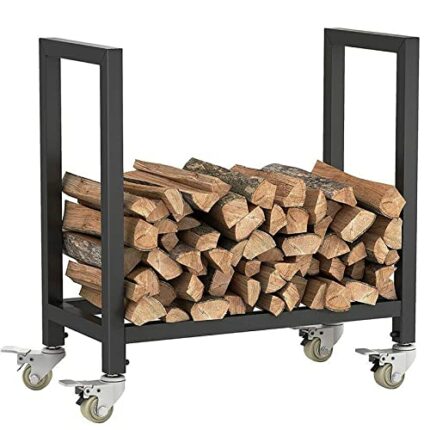 OPSREY Fireplace Wood Log Rack, Firewood Log Holder with Wheels, Indoor Outdoor Logs Holder Stand, Metal Lumber Storage Carrier Organizer, Wood P