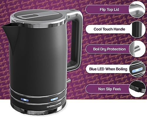Andrew James Electric Kettle, Matte Black, Fast Boiling, Cordless, Large 1.7L Jug, 3000W, Reusable Filter, Quiet Dry Boil Protection, Modern, Com