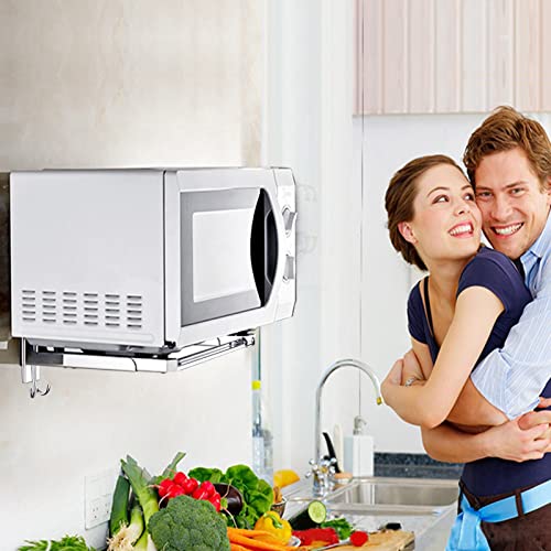 EsLuker.ly Universal Stainless Steel Microwave Oven Wall Mount Bracket with Removable Hooks, Arm Adjustable Foldable Kitchen Stretch Oven Stand S